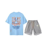 Blue Short-Sleeved Shirt+Gray Shorts