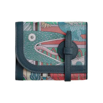 HERMES Avecsoie Animapolis Print Silk With Swift Calfskin Wallet Women's Prussian Blue & Orange Field & Mykonos