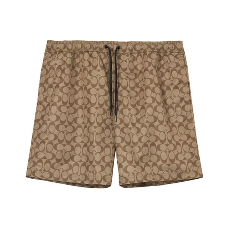 COACH SS23 Men's All Over Logo Print Drawstring Swim Trunks Khaki-0