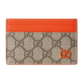 GUCCI Canvas With Leather Card Holder Men's Beige & Dark Brown