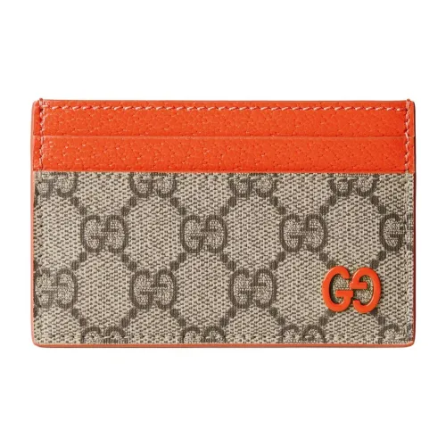 GUCCI Canvas With Leather Card Holder Men's Beige & Dark Brown
