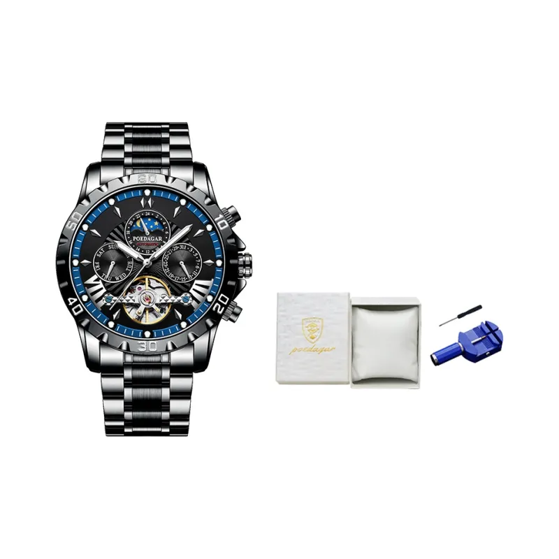 POEDAGAR Automatic Mechanical Movement Stainless Steel Watchband Watch Men's Watches Black Dial-9