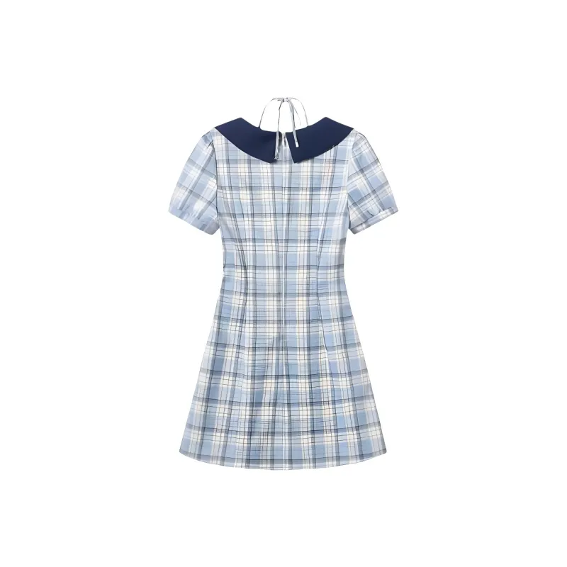 DOKZB Short Sleeved Dress Women's Blue Plaid-1