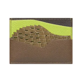 HERMES HISTOIRE NATURELLE Calfskin With Mysore Goat Skin And Crocodile Leather Card Holder Women's Umber & Green