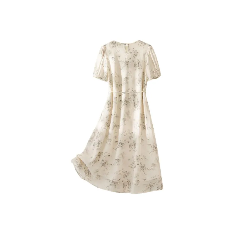 IHIMI SS24 Short Sleeved Dress Women's Beige With Ink Print-1