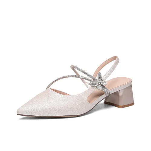 Golden Silk Rabbit Chunky Heel High Heels Women's