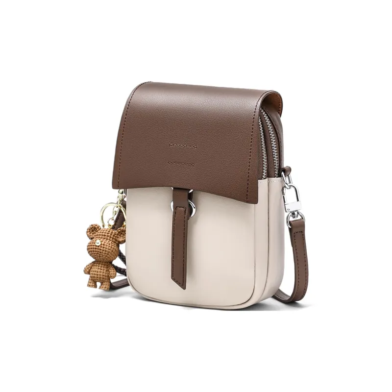 COMELY Cow Leather Cell Phone Pouch, Shoulder Bag, Crossbody Bag Regular Women's White & Coffee-4