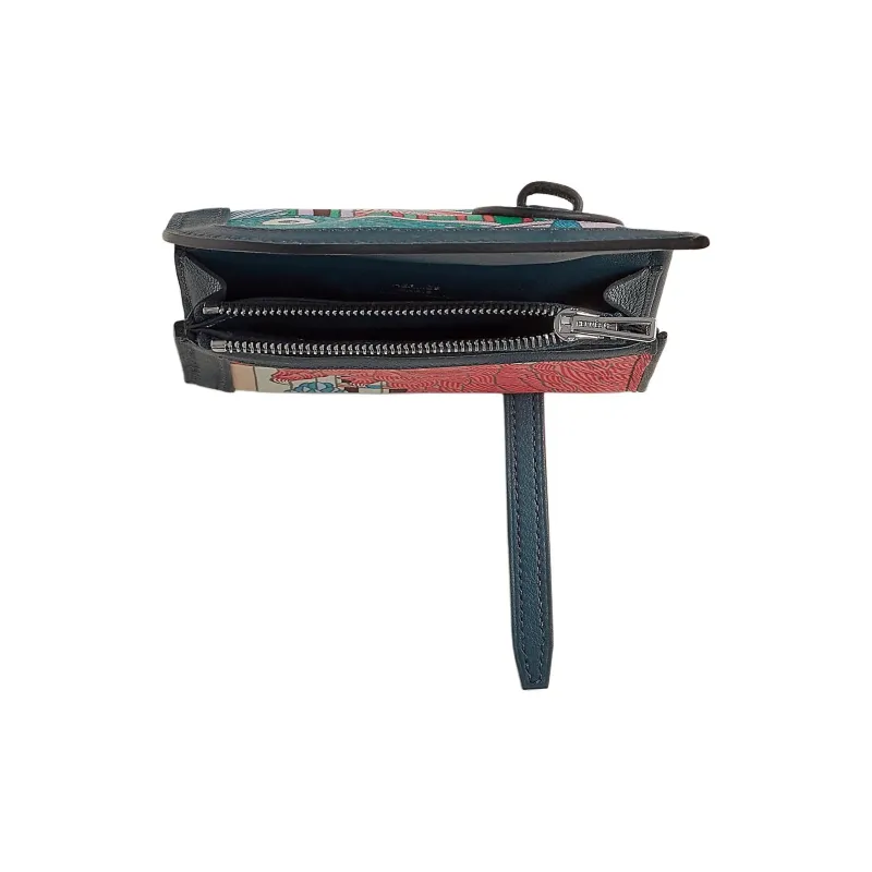HERMES Avecsoie Animapolis Print Silk With Swift Calfskin Wallet Women's Prussian Blue & Orange Field & Mykonos-2