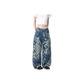 NVRFRGT Jeans Unisex Plaid Blue