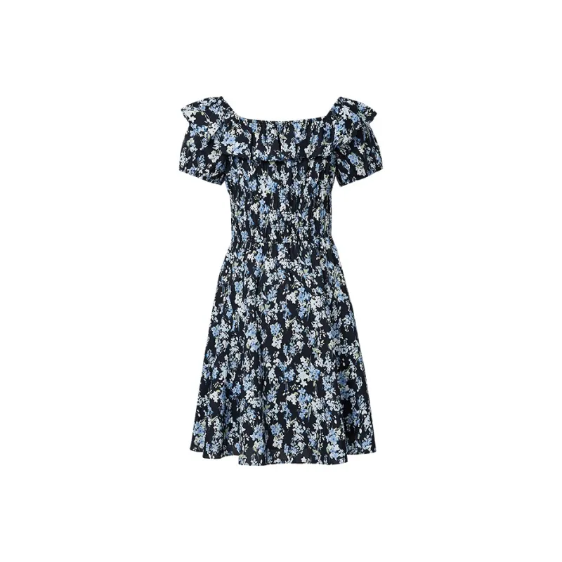 Hopeshow Short Sleeved Dress Women's Navy Blue Flower-1