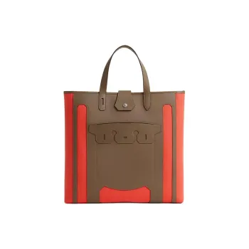 HERMES Monsieur B Canvas With Calfskin Tote Bag, Shopping Bag, Handbag Large Size Women's Brown