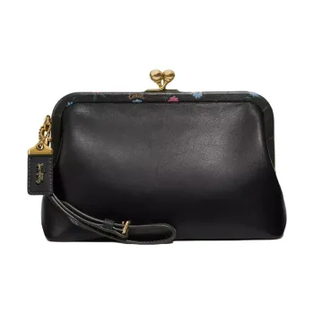 COACH Kisslock Leather Wrist Bag Wrist Bag Small Size Women's Dark Brown