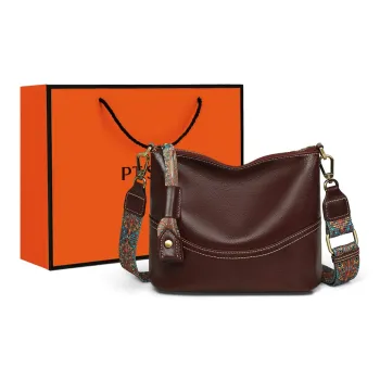 PT'SON Cow Leather With Synthetic Leather Shoulder Bag, Crossbody Bag Regular Women's Wine Coffee/Black