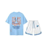 Blue Short-Sleeved Shirt+White Shorts