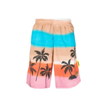 Barrow Palm Tree Printed Striped Bermuda Shorts