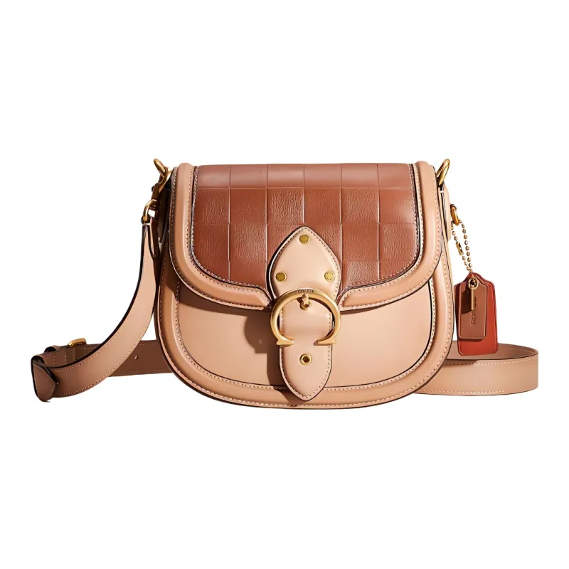 COACH Beat Leather Saddle Bag, Shoulder Bag, Crossbody Bag Small Size Women's Brown & Milk Tea-0