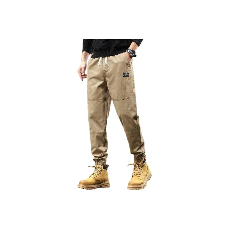Jeep Loose Fit Elastic Cuff Solid Color Trendy Youth Tie Up Elastic Waistband Ankle Length Pants Men's-4