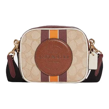 COACH Dempsey Leather Small Square Bag, Camera Bag, Crossbody Bag Mini Women's Khaki Brown & Orange