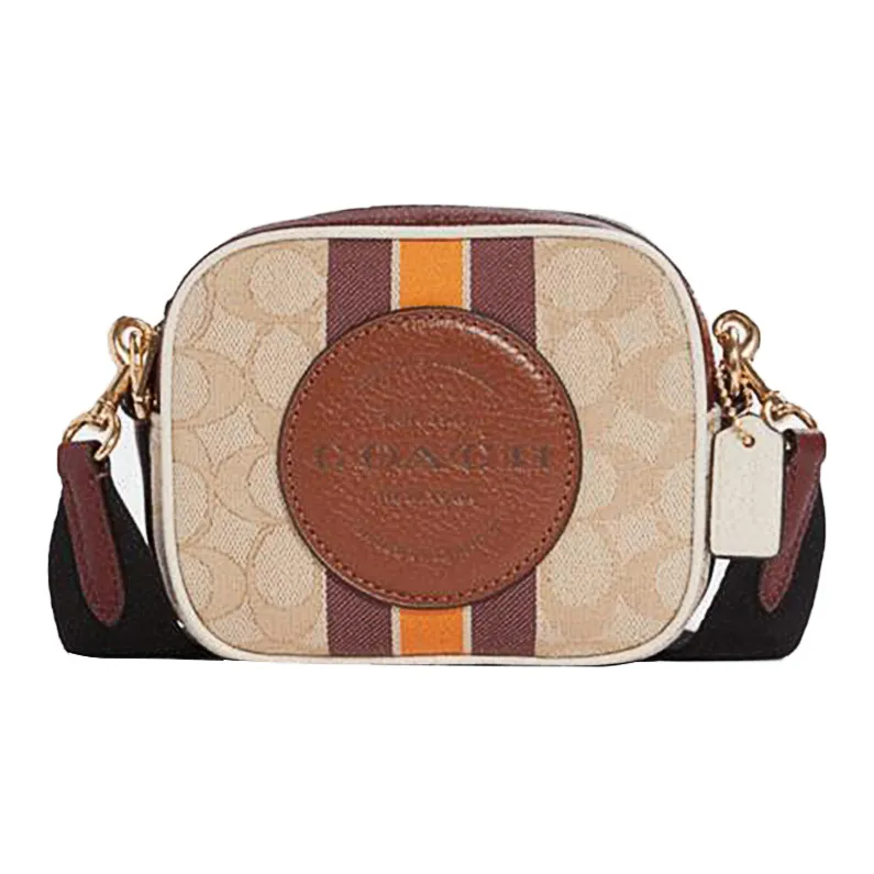COACH Dempsey Leather Small Square Bag, Camera Bag, Crossbody Bag Mini Women's Khaki Brown & Orange-0
