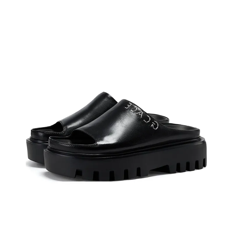GG CC Platform Height Increasing Slide Slippers Women's Black-2