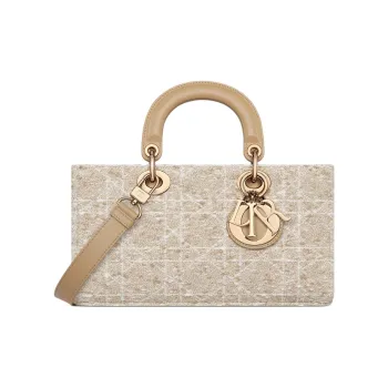 DIOR Lady D Joy Cotton With Calfskin Lady Dior Bag, One Shoulder Handbag Medium Size Women's Ivory
