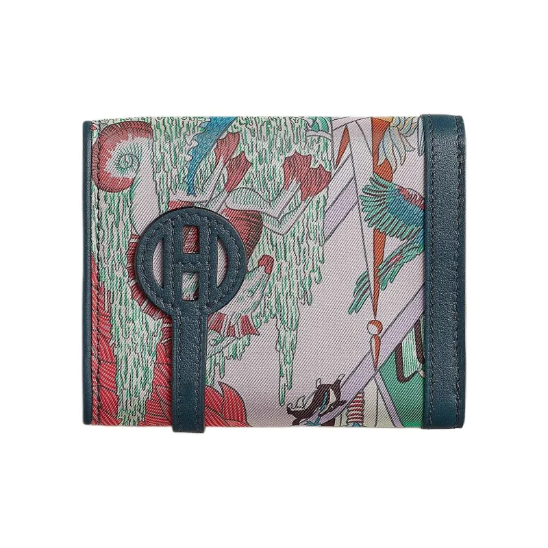 HERMES Avecsoie Animapolis Print Silk With Swift Calfskin Wallet Women's Prussian Blue & Orange Field & Mykonos-1