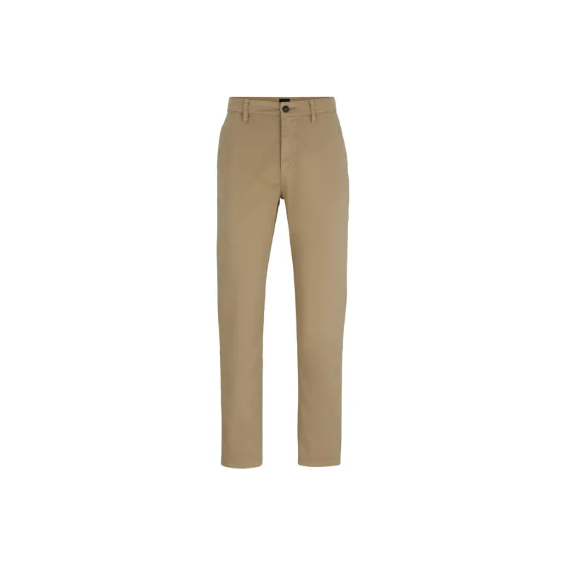 HUGO BOSS SS24 Tapered Fit Chinos In Stretch Cotton Satin Casual Pants Men's Light Coffee-0