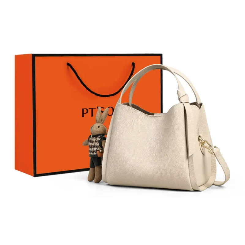 PT'SON Cow Leather Basket Bag, Bucket Bag, Handbag, Crossbody Bag, Shoulder Bag Regular Women's Elephant Gray/Ecru-6