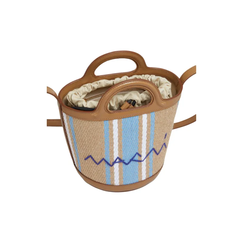 MARNI TROPICALIA Jute With Linen Bucket Bag, One Shoulder Handbag Small Size Women's Brown & Multicolor-4