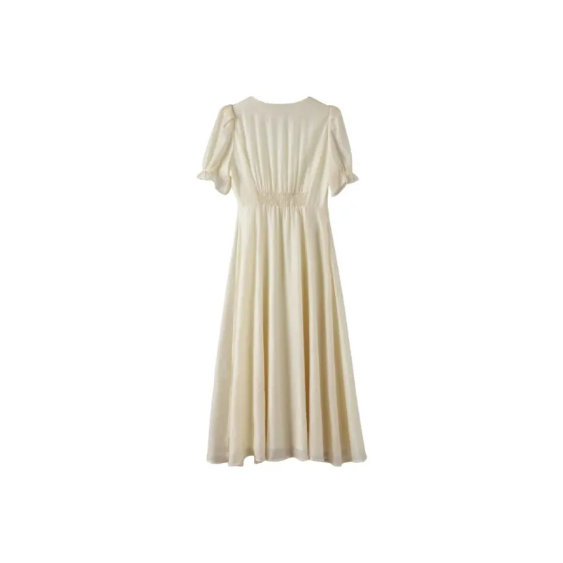 Late White Short Sleeved Dress Women's Yellow-1
