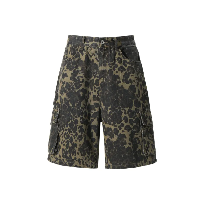 JCUI Denim Shorts Unisex Leopard Print-0