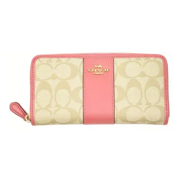 COACH Accordion Zip Canvas With Leather Wallet Medium Size Women's Khaki With Light Pink Accents