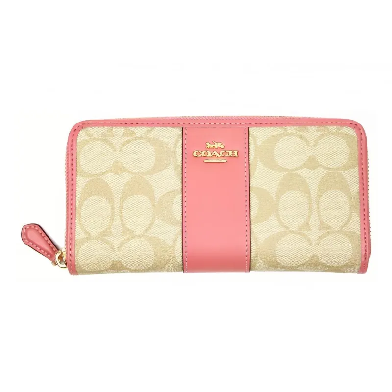 COACH Accordion Zip Canvas With Leather Wallet Medium Size Women's Khaki With Light Pink Accents-0