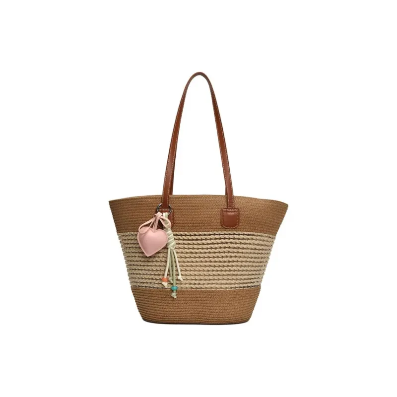 Single Warehouse Woven Tote Handbag, Shoulder Bag Regular Women's Khaki/Ecru/Pink/Green-6
