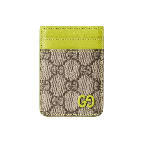 GUCCI Canvas With Leather Magnetic Card Holder Unisex Beige & Dark Brown