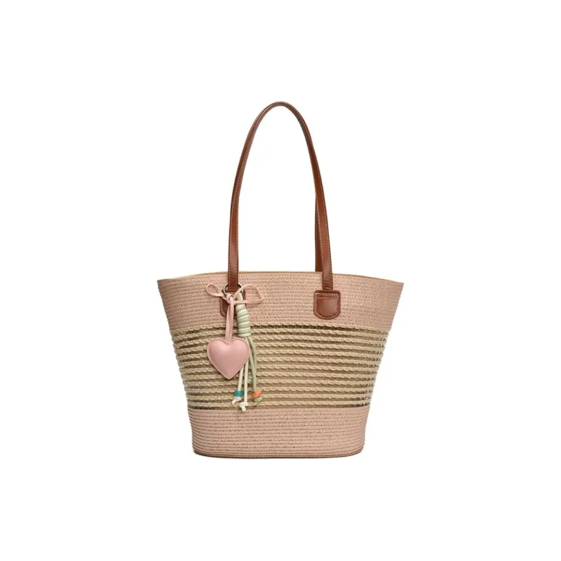 Single Warehouse Woven Tote Handbag, Shoulder Bag Regular Women's Khaki/Ecru/Pink/Green-12