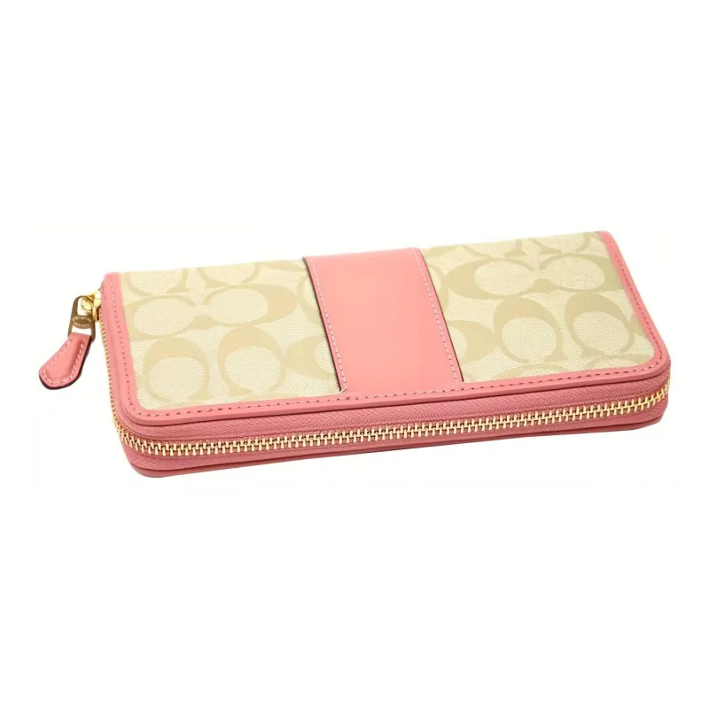 COACH Accordion Zip Canvas With Leather Wallet Medium Size Women's Khaki With Light Pink Accents-1