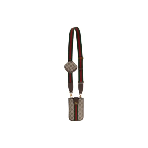 GUCCI Ophidia Canvas With Leather Trim One Shoulder Crossbody Cell Phone Pouch Men's Beige And Ebony