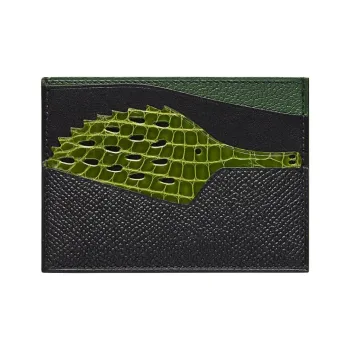 HERMES HISTOIRE NATURELLE Calfskin With Mysore Goat Skin And Crocodile Leather Card Holder Women's Black & Green