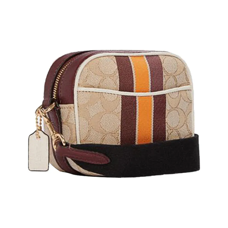 COACH Dempsey Leather Small Square Bag, Camera Bag, Crossbody Bag Mini Women's Khaki Brown & Orange-1