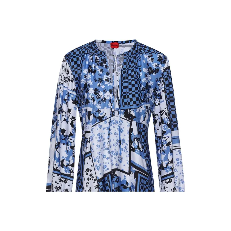 HUGO BOSS Long-Sleeved Dress In Scarf-Print Fabric Long-Sleeved Dresses Women's Light Blue-4