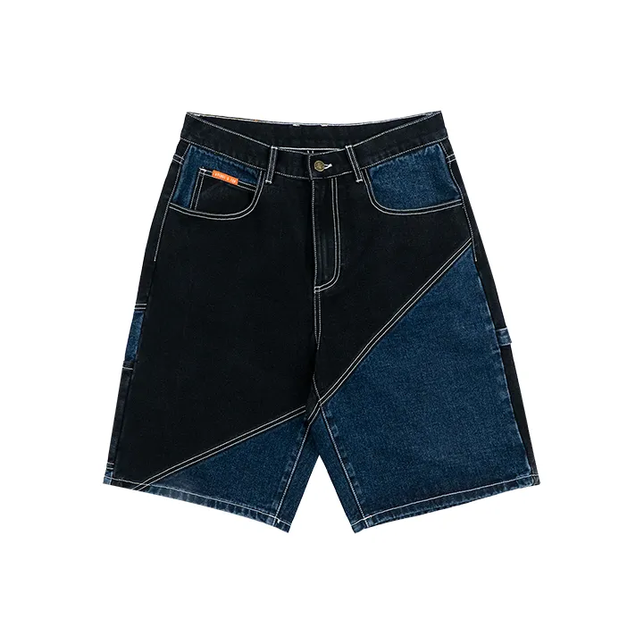 AVENUE&SON Denim Shorts Unisex Blue Black Patchwork-0
