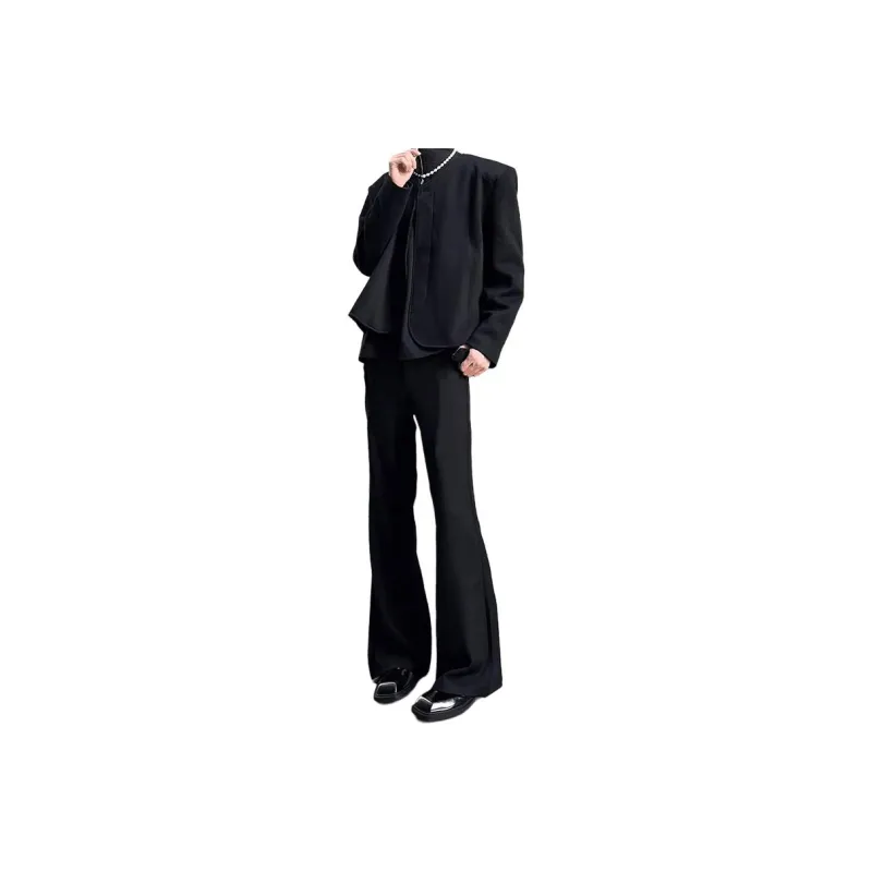 FOREST LIBRARY Niche Design Loose Fitting Pleated Bootcut Slacks Unisex Black-0