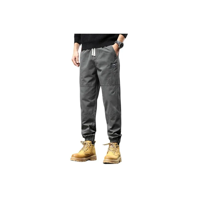 Jeep Loose Fit Elastic Cuff Solid Color Trendy Youth Tie Up Elastic Waistband Ankle Length Pants Men's-2