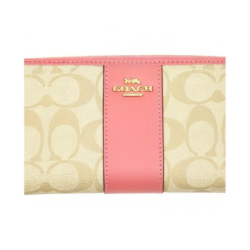 COACH Accordion Zip Canvas With Leather Wallet Medium Size Women's Khaki With Light Pink Accents-2