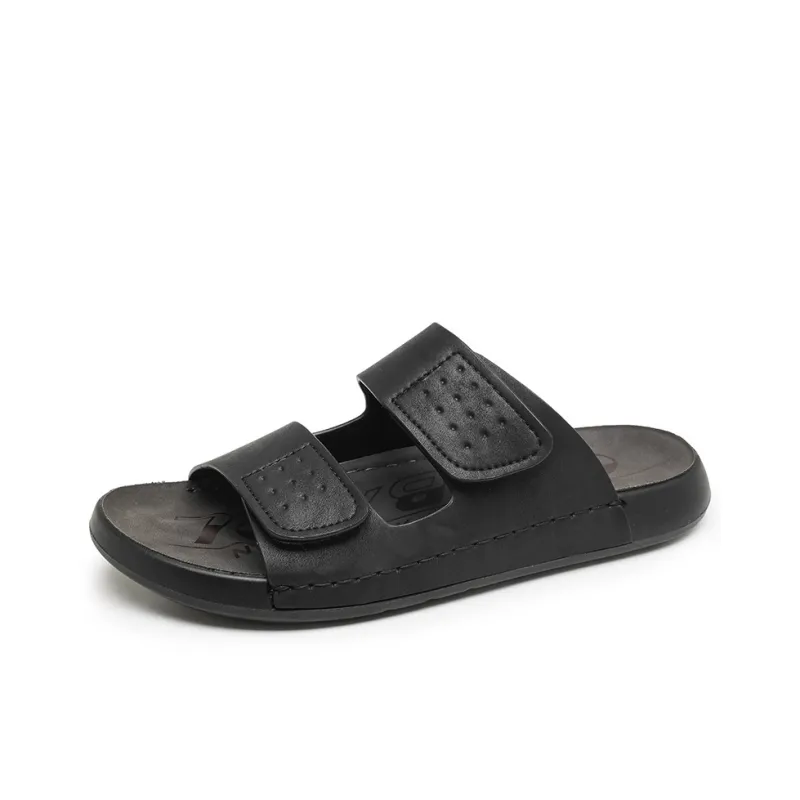 QIUTEXIONG Rubber Sole Leather Patchwork Slip Resistant Abrasion Resistant Slide Slippers Men's-1
