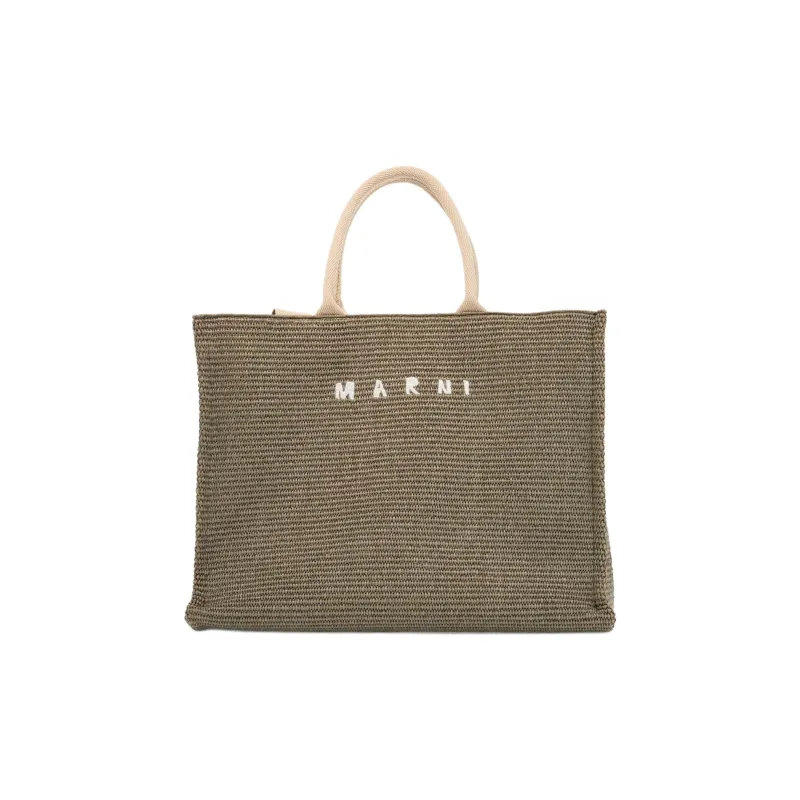 MARNI Logo Embroidered Raffia Top Handle Tote Bag-0
