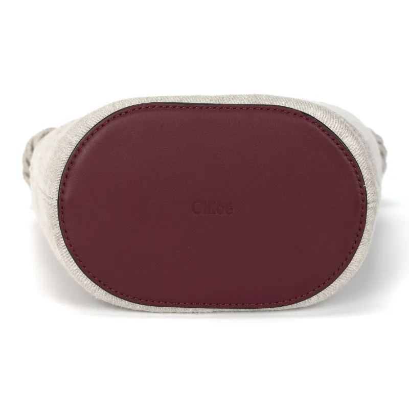 Chloe Key Linen Bucket Bag, One Shoulder Handbag, Crossbody Bag Small Size Women's Burgundy-3