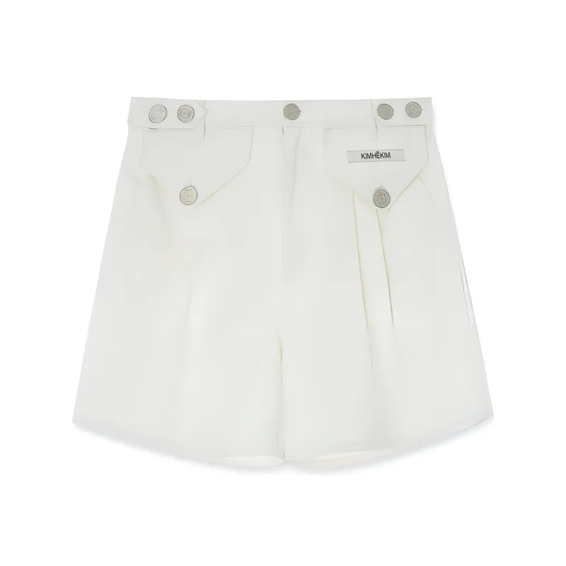 KIMHEKIM High rise Logo patch Denim Shorts-0