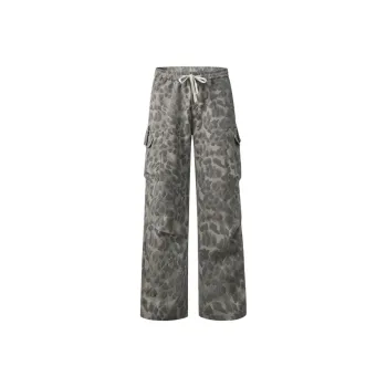 FAIRWHALE Casual Pants Unisex Black Gray Leopard Print